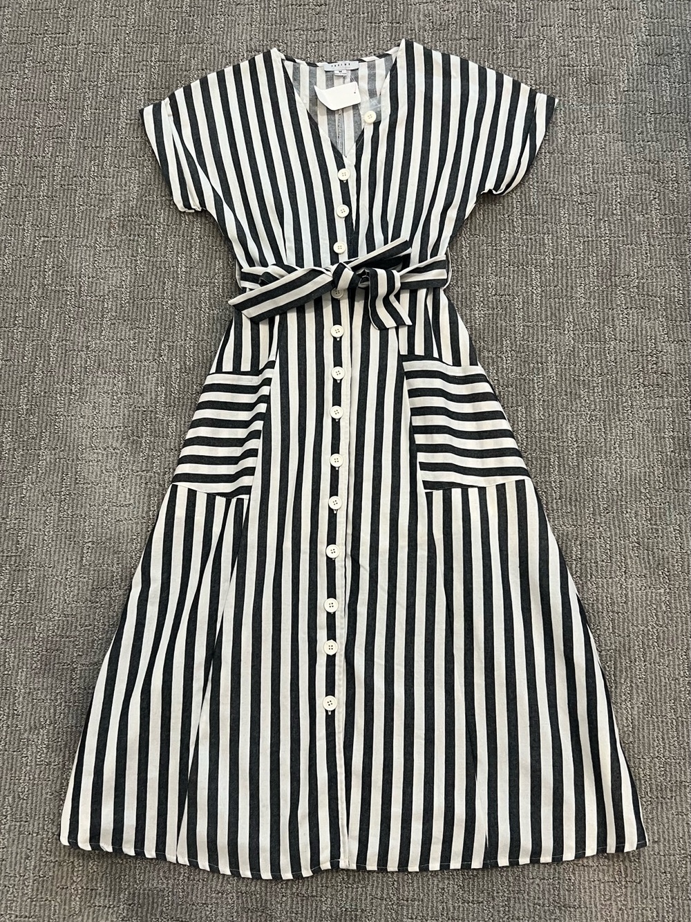 FAVLUX Black and White Vertical Stripe Button-Front Midi Dress with Tie Waist